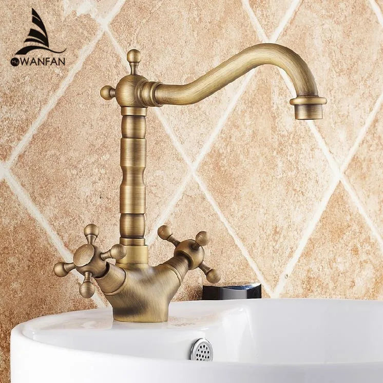 DecorBites™ Antique Bronze Brass Swivel Basin Faucet with 2 Lever Handles