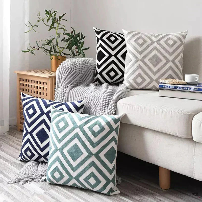 DecorBites™ Geometric Embroidered Cushion Cover Grey Black Blue Square Pillow 45x45cm