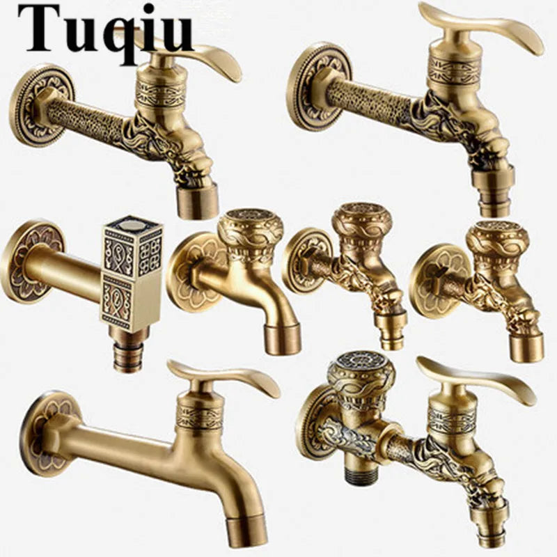 DecorBites™ Dragon Carved Antique Brass Garden Bibcocks Single Cold Tap for Outdoor ★