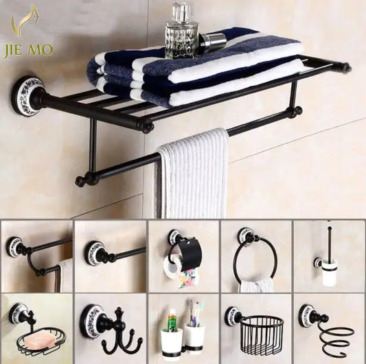 DecorBites™ Black Porcelain Brass Bathroom Accessories Set