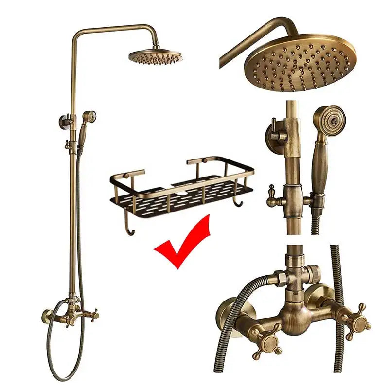 DecorBites™ Brass Shower Faucet Mixer Set with 8" Rainfall Head, Storage Shelf, and Hooks