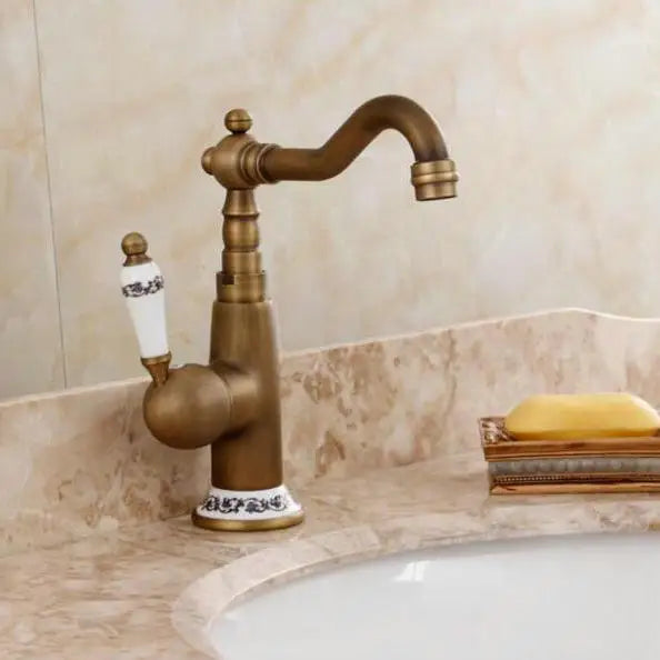 DecorBites™ Antique Brass Porcelain Basin Mixer Hot Cold Tap - 360 Degree Swivel Kitchen Faucet