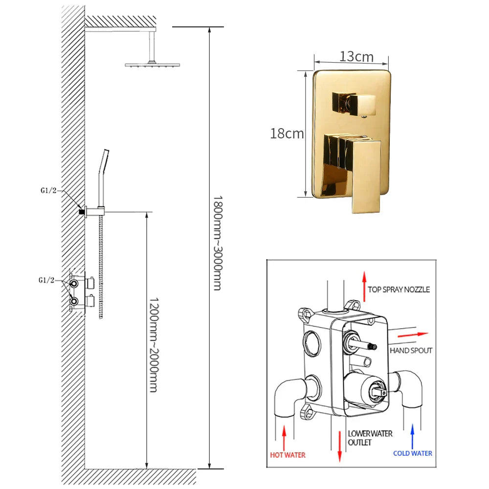 DecorBites™ Gold Bath Rain Shower Wall Concealed Faucet Set