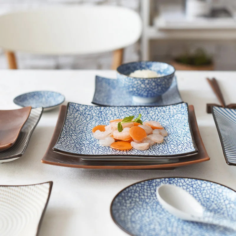 DecorBites™ Bone China Porcelain Square Dinner Plate - Blue and White Plant Design