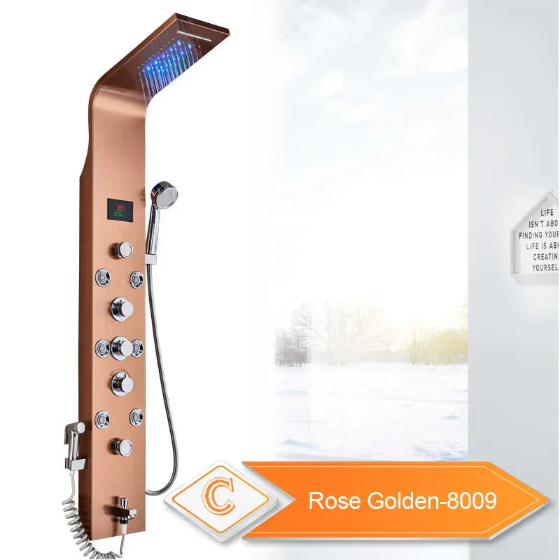 DecorBites™ Black LED Waterfall Rain Shower Panel with Massage Sprayer and Bidet Tap