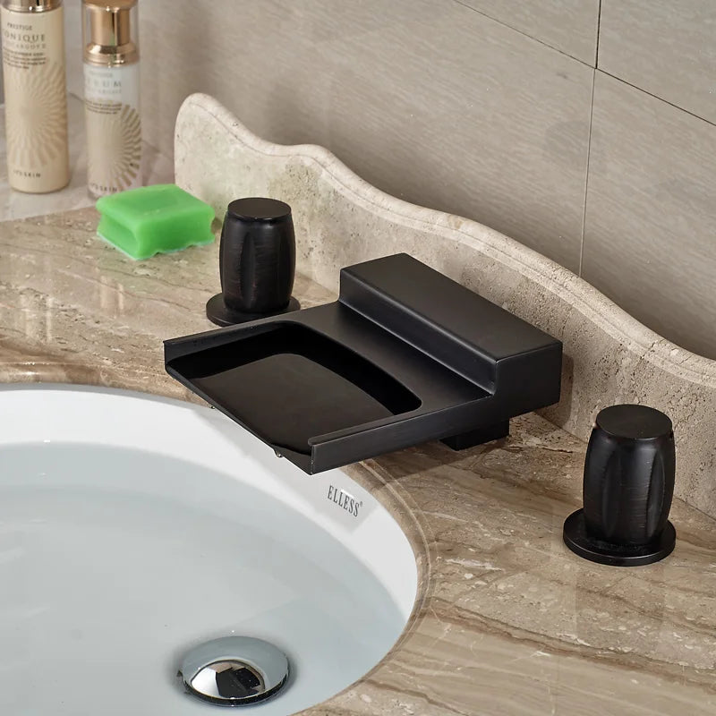 DecorBites™ Black Wide Waterfall Spout Faucet Double Handle Bathroom Mixer Taps