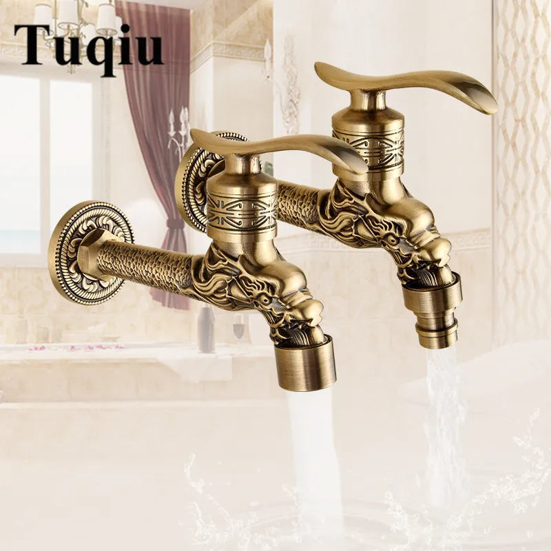 DecorBites™ Dragon Carved Antique Brass Garden Bibcocks Single Cold Tap for Outdoor ★