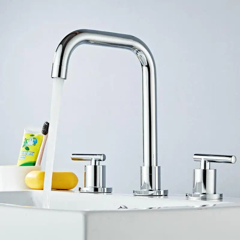 DecorBites™ Brass Basin Faucet: Gold/Chrome Double Handle Bathroom Sink Tap, Deck Mounted-Widespread
