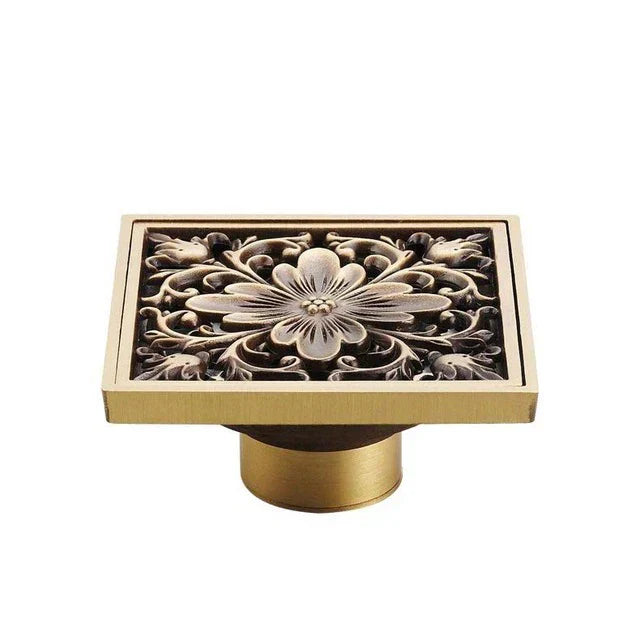 DecorBites™ Antique Brass Square Fish Carved Bathroom Floor Drain Hair Strainer