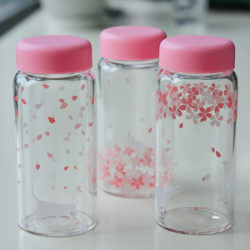 DecorBites™ Kawaii Sakura Glass Water Bottle 310ml Cute Cartoon Animal Design