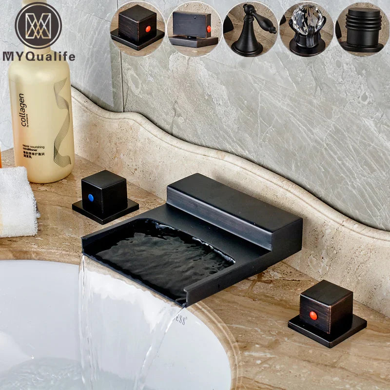 DecorBites™ Black Wide Waterfall Spout Faucet Double Handle Bathroom Mixer Taps