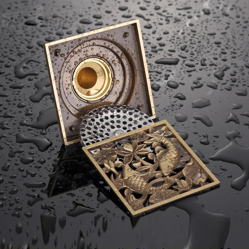 DecorBites™ Antique Brass Square Fish Carved Bathroom Floor Drain Hair Strainer