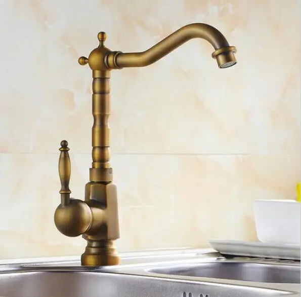 DecorBites™ Antique Brass Porcelain Basin Mixer Hot Cold Tap - 360 Degree Swivel Kitchen Faucet