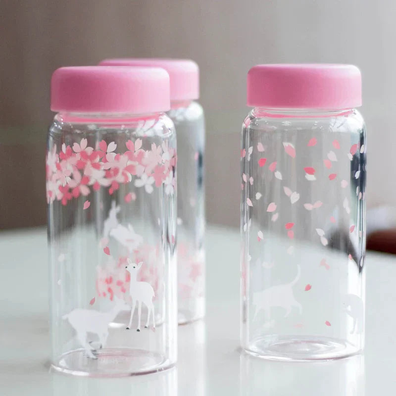 DecorBites™ Kawaii Sakura Glass Water Bottle 310ml Cute Cartoon Animal Design