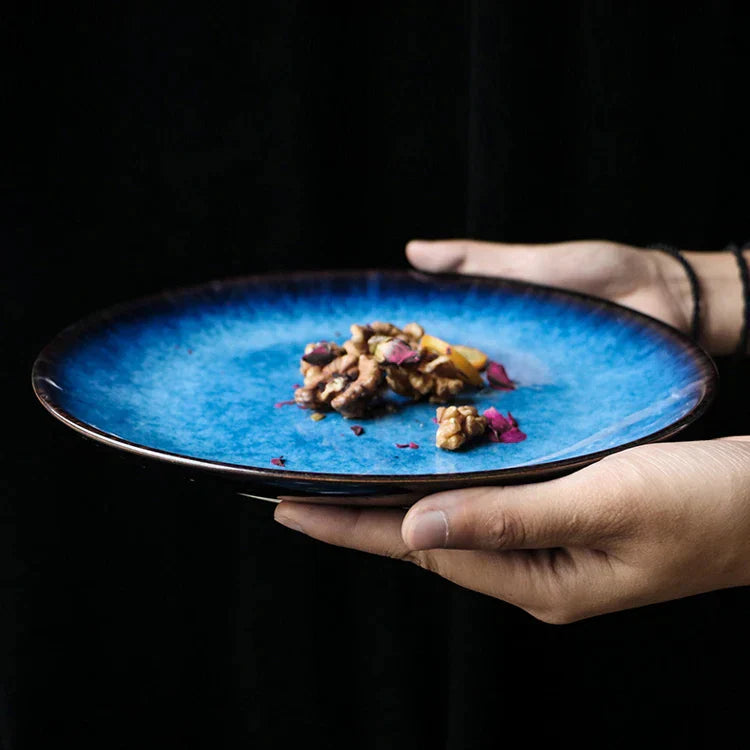 DecorBites™ Blue Ceramic Round Plate - Commercial Steak Dish Wholesale