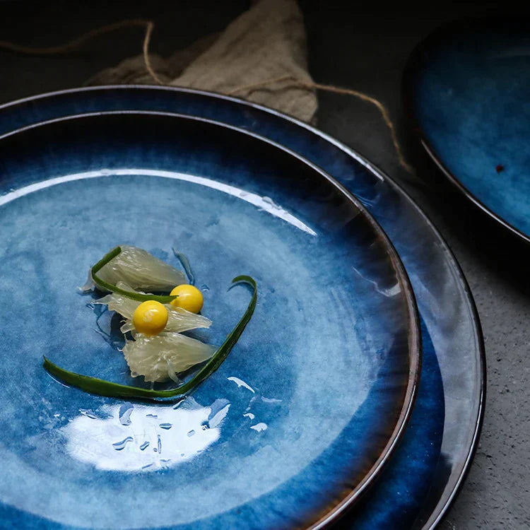 DecorBites™ Blue Ceramic Round Plate - Commercial Steak Dish Wholesale