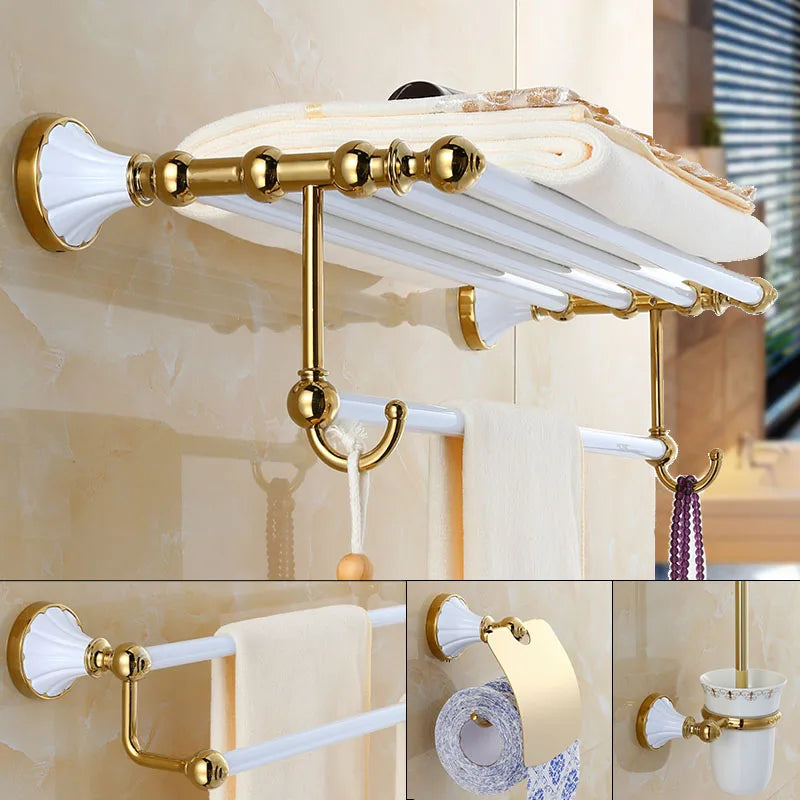 DecorBites™ Bathroom Accessories Set: Gold Finish Paper Holder, Towel Bar, Soap Holder, Towel Rack & More