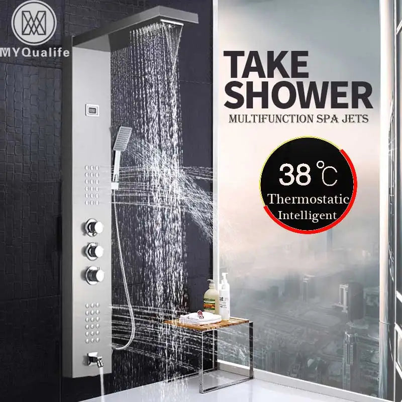 DecorBites™ Brushed Nickel Thermostatic Waterfall Rain Shower Panel with 3 Handles