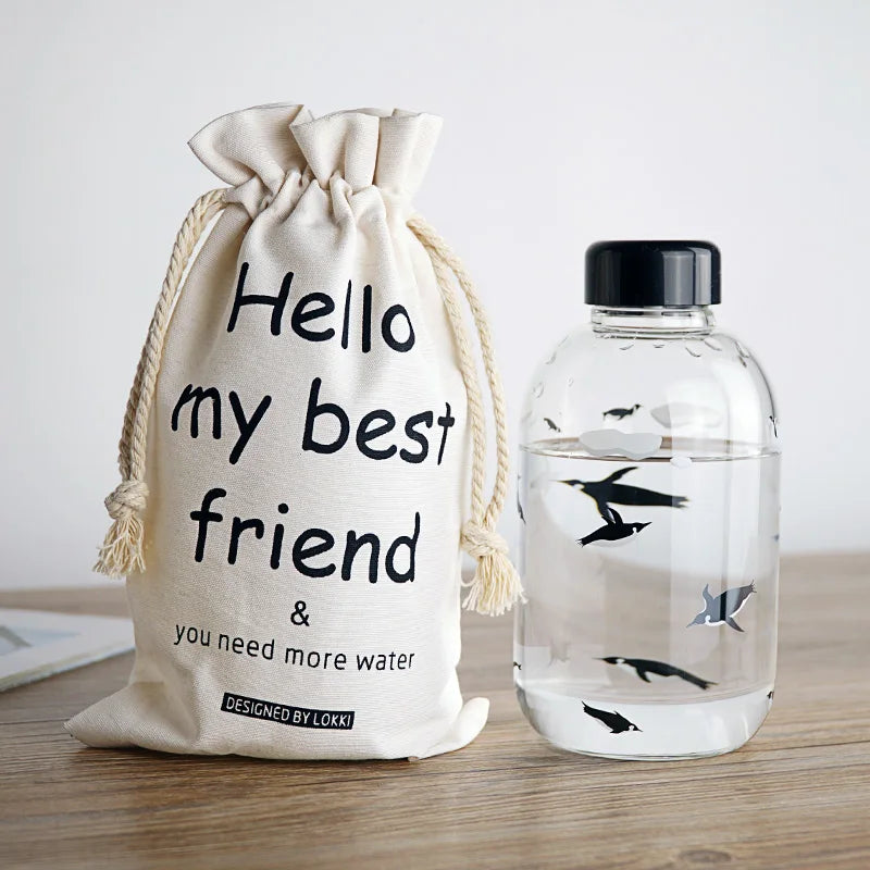 DecorBites™ Blue Glass Water Bottle 600ml Cute Polar Bear Seal Design Waterbottle