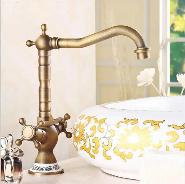 DecorBites™ Antique Brass Porcelain Basin Mixer Hot Cold Tap - 360 Degree Swivel Kitchen Faucet