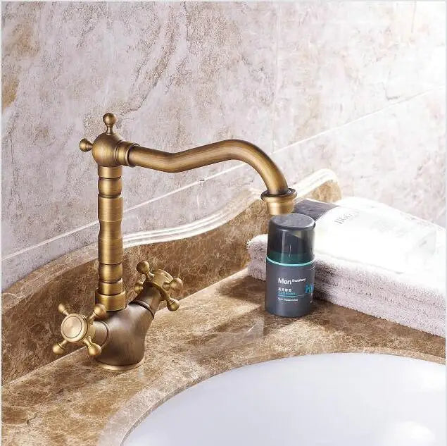 DecorBites™ Antique Brass Porcelain Basin Mixer Hot Cold Tap - 360 Degree Swivel Kitchen Faucet