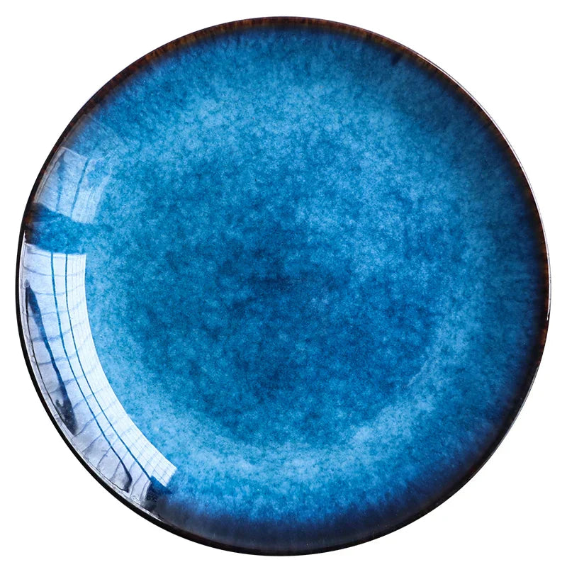 DecorBites™ Blue Ceramic Round Plate - Commercial Steak Dish Wholesale