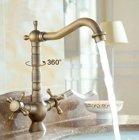 DecorBites™ Antique Brass Porcelain Basin Mixer Hot Cold Tap - 360 Degree Swivel Kitchen Faucet