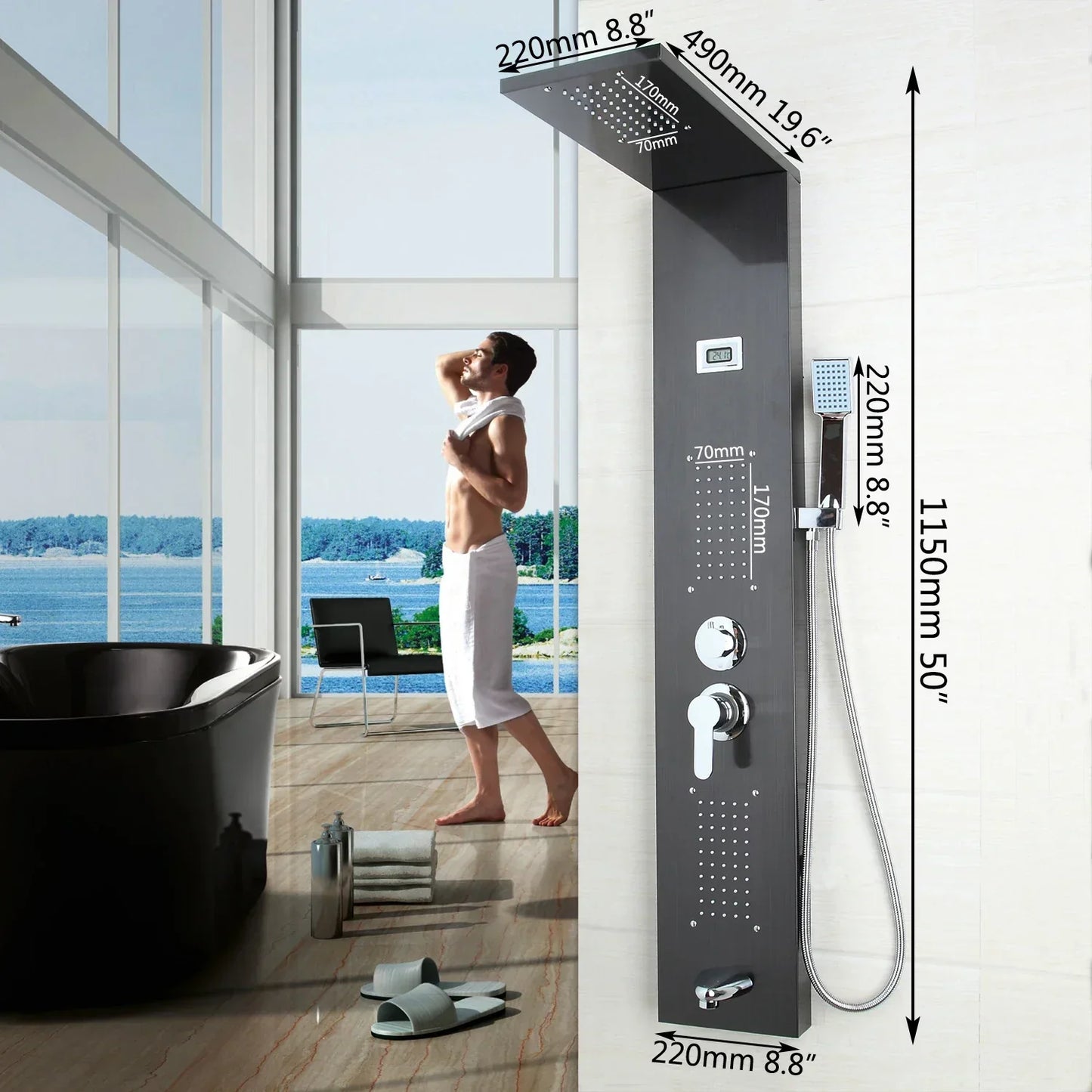 DecorBites™ Dark Nickel Shower Panel with Hand shower, Tub Spout, and Massage System