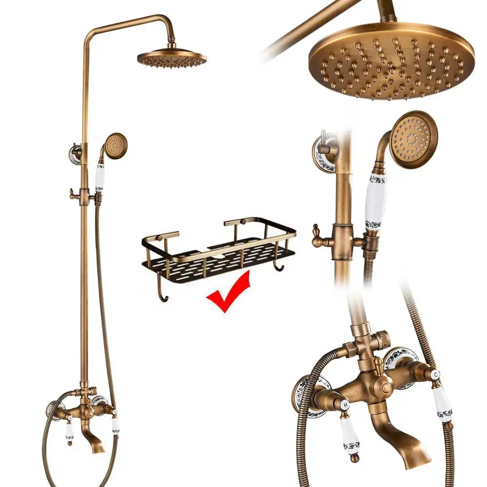 DecorBites™ Brass Antique Shower Faucet Set with Porcelain Ceramic Swivel Bath Spout