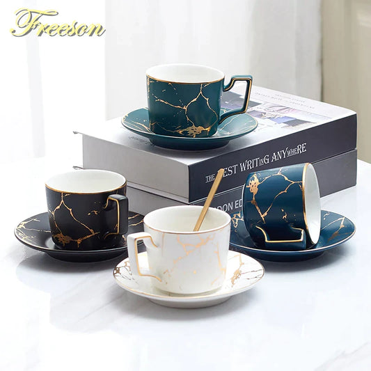 DecorBites™ 200ml Marble Ceramic Tea Set with Spoon and Saucer