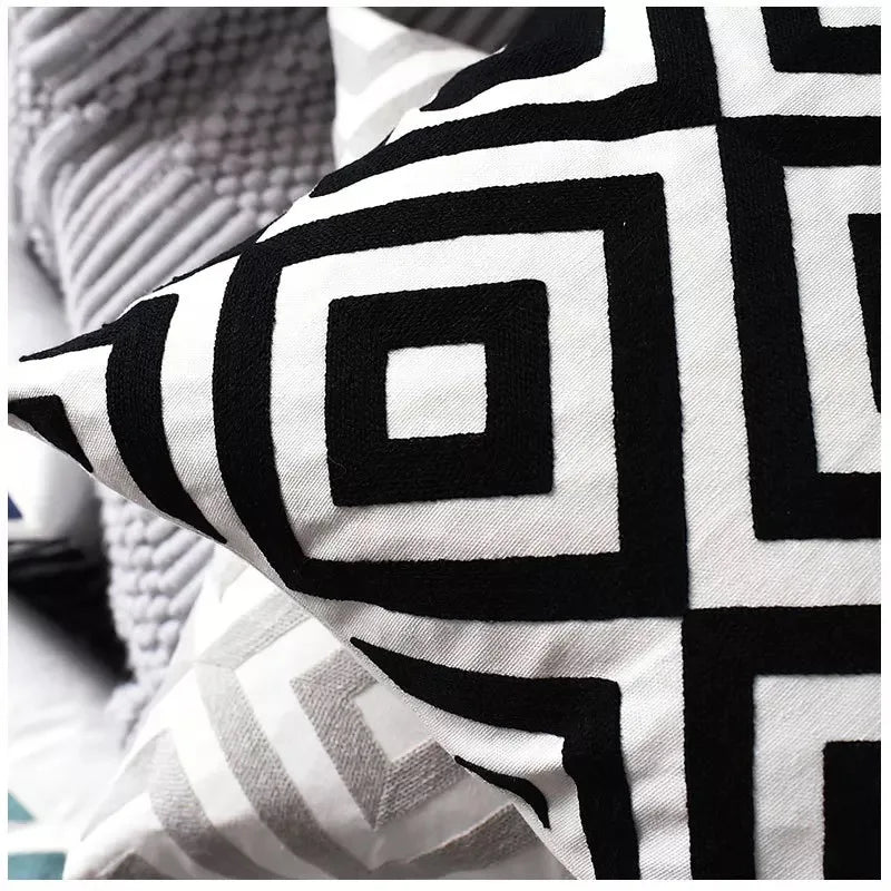 DecorBites™ Geometric Embroidered Cushion Cover Grey Black Blue Square Pillow 45x45cm