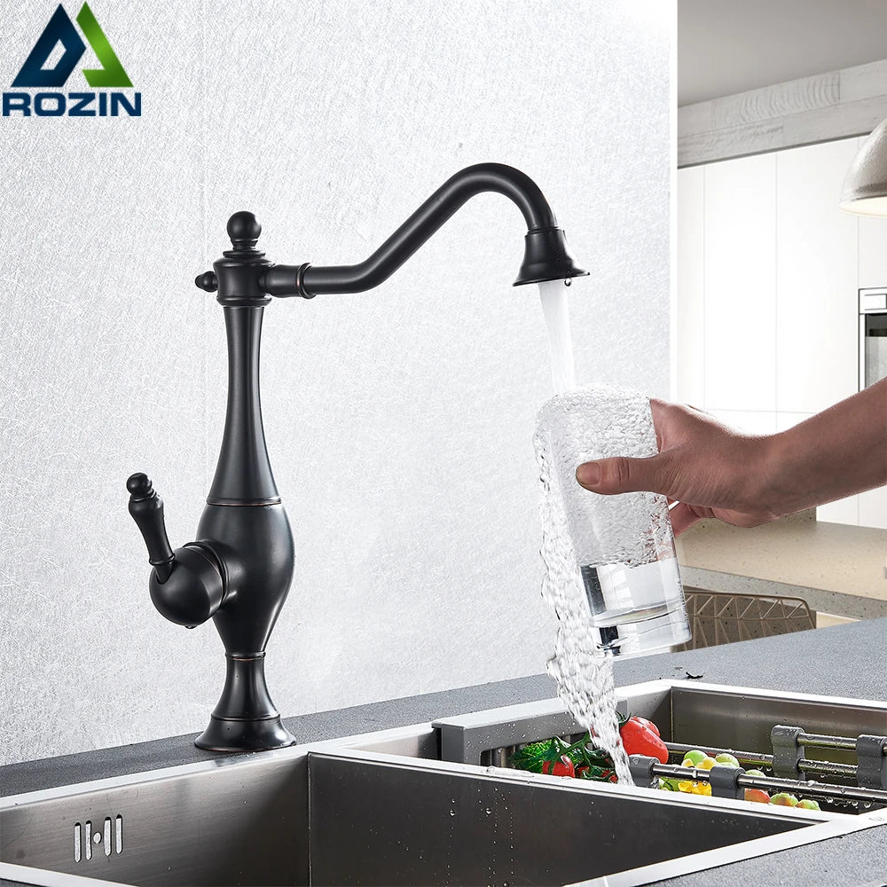 DecorBites™ Black Long Neck Kitchen Faucet with Rotating Spout - Deck Mounted Mixer Tap