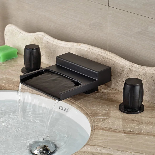 DecorBites™ Black Wide Waterfall Spout Faucet Double Handle Bathroom Mixer Taps