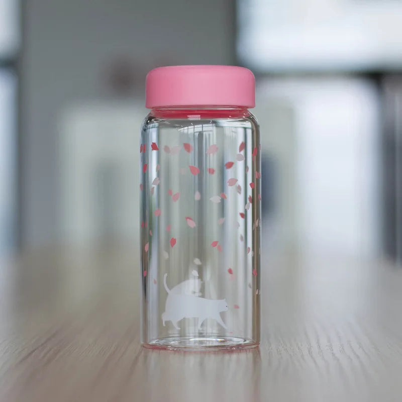 DecorBites™ Kawaii Sakura Glass Water Bottle 310ml Cute Cartoon Animal Design