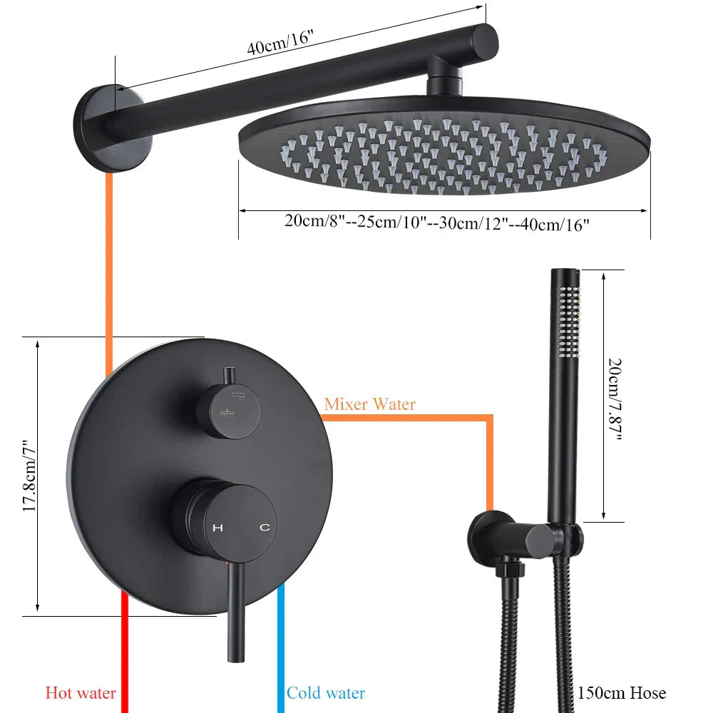 DecorBites™ Brass Black Shower Set with Ceiling/Wall Arm, Diverter Mixer, Handheld Spray, 8-16" Rain Head