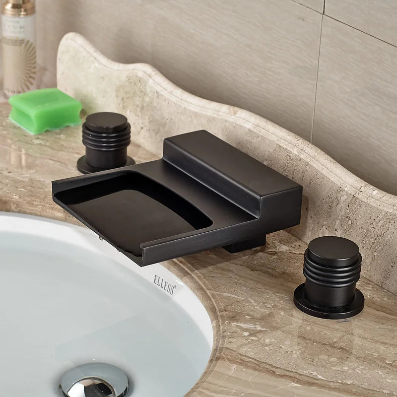 DecorBites™ Black Wide Waterfall Spout Faucet Double Handle Bathroom Mixer Taps