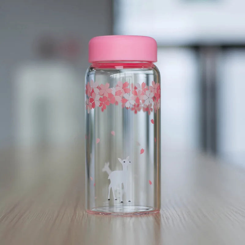 DecorBites™ Kawaii Sakura Glass Water Bottle 310ml Cute Cartoon Animal Design