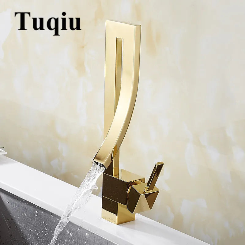 DecorBites™ Gold Brass Square Basin Faucet Single Handle Hot Cold Mixer Water Tap