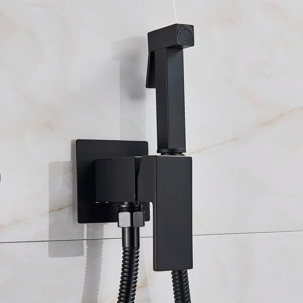 DecorBites™ Brass Bidet Faucet: Cold Hot Water Mixer, Square Shower Sprayer Head, Toilet Tap