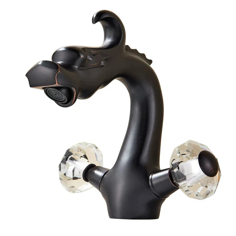 DecorBites™ Chinese Dragon Crystal Handle Basin Faucet Dual Hot Cold Deck Mounted Sink