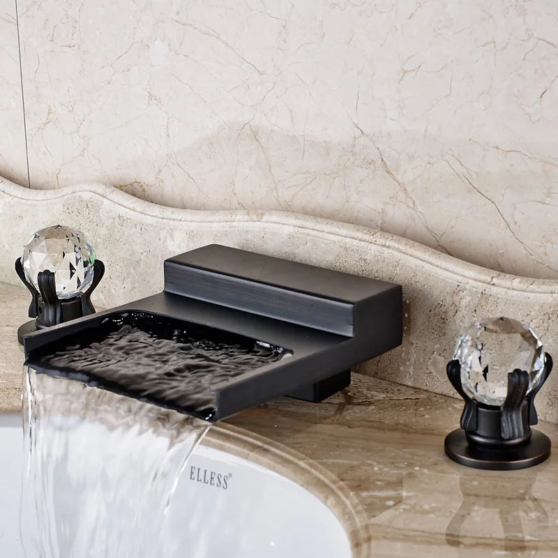 DecorBites™ Black Wide Waterfall Spout Faucet Double Handle Bathroom Mixer Taps