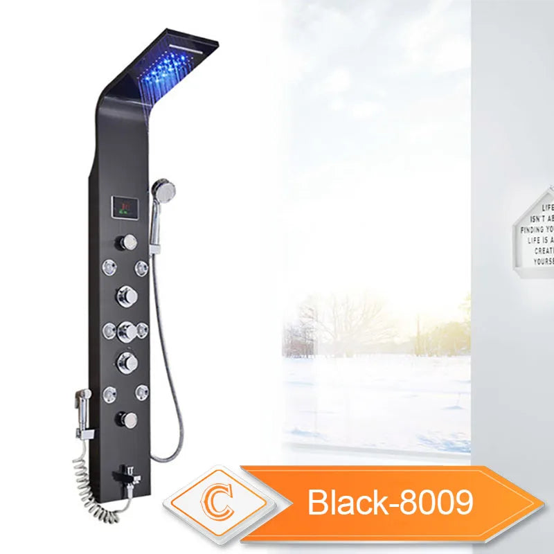 DecorBites™ Black LED Waterfall Rain Shower Panel with Massage Sprayer and Bidet Tap