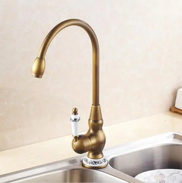 DecorBites™ Antique Brass Porcelain Basin Mixer Hot Cold Tap - 360 Degree Swivel Kitchen Faucet