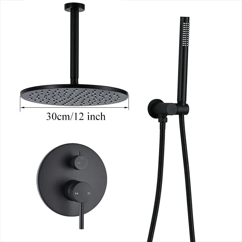 DecorBites™ Brass Black Shower Set with Ceiling/Wall Arm, Diverter Mixer, Handheld Spray, 8-16" Rain Head