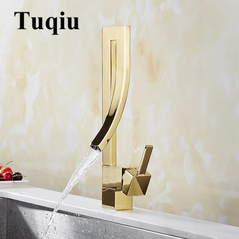 DecorBites™ Gold Brass Square Basin Faucet Single Handle Deck Mounted Bathroom Sink Mixer