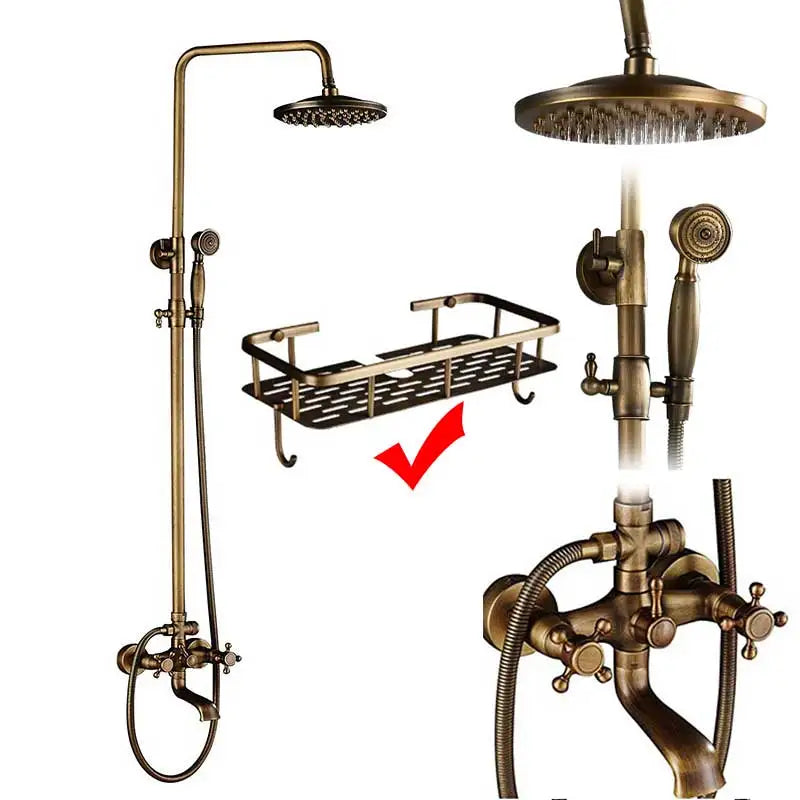 DecorBites™ Brass Antique Dual Handle Shower Faucet Set with Handshower Shelf