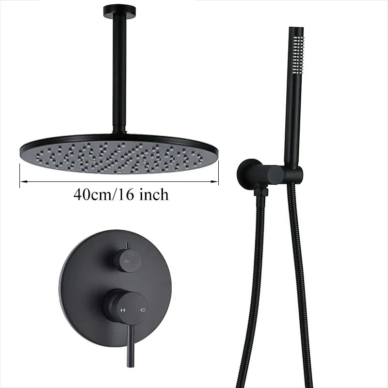 DecorBites™ Brass Black Shower Set with Ceiling/Wall Arm, Diverter Mixer, Handheld Spray, 8-16" Rain Head