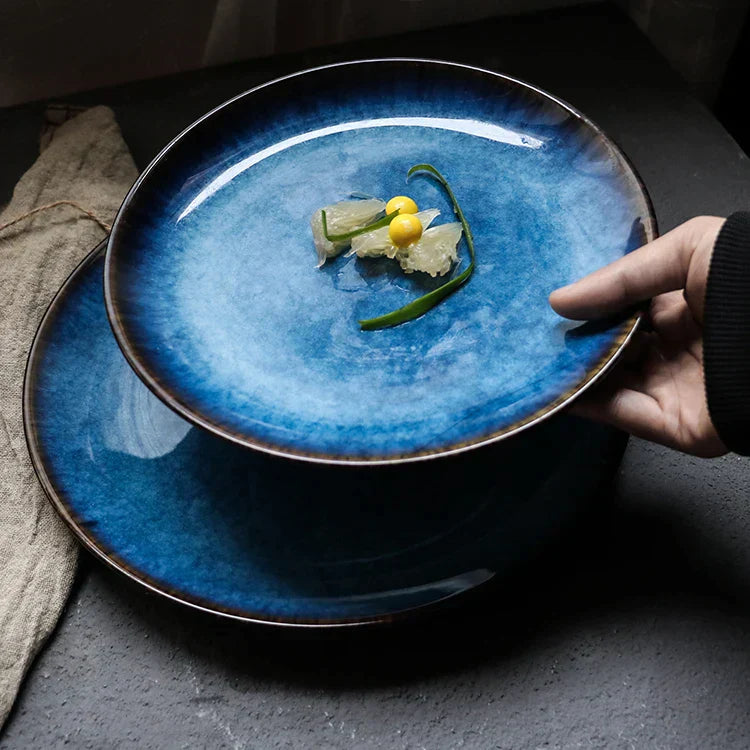 DecorBites™ Blue Ceramic Round Plate - Commercial Steak Dish Wholesale