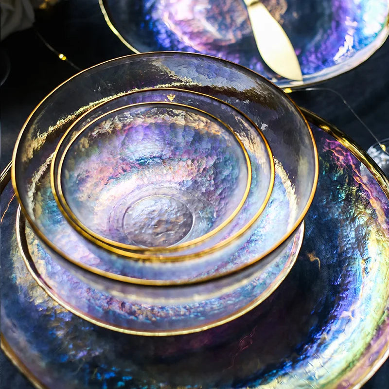 DecorBites™ Hammer Grain Gold Glass Salad Bowl - Round Ceramic Fruit Bowl