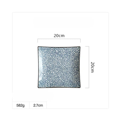 DecorBites™ Bone China Porcelain Square Dinner Plate - Blue and White Plant Design